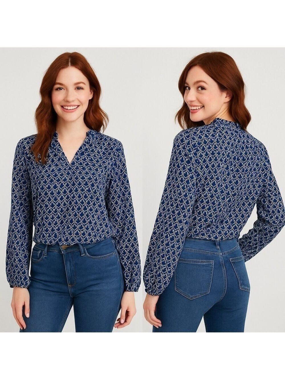 ✨ SHEIN Navy & White Geometric Print Blouse – Size Small ✨